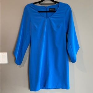 Cerulean blue shift dress with asymmetrical sleeve